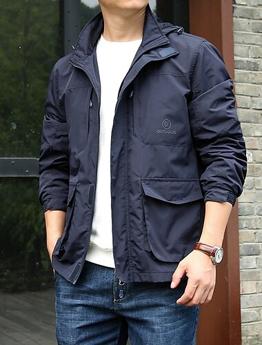  男性用 軽量ジャケット サマージャケット ユーティリティジャケット カーゴジャケット アウトドア バケーション ウォーム ポケット 秋 冬 平織り ファッション ストリートファッション フード付き レギュラー ブラック カーキ色 ダークブルー グレー ジャケット