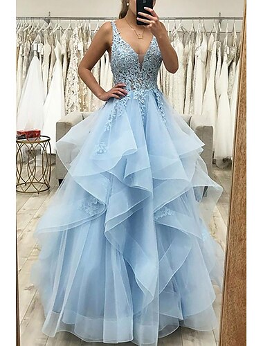  Ball Gown A-Line Prom Dresses Princess Dress Formal Wedding Guest Floor Length Sleeveless V Neck Tulle Backless with Pleats Ruched Appliques 2024