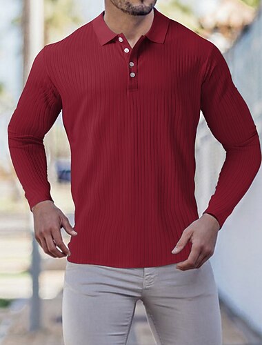  Voor heren Met Textuur Spier shirt Casual Uitgaan Polo kraag Klassiek Lange mouw Sportkleding Casual Effen Kleur Gestreept Lapwerk Knoop voorzijde Herfst winter Strak Zwart Wit Wijn Rood Marineblauw