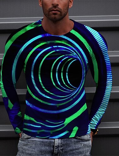  男性用 Tシャツ 3D印刷 グラフィック クルーネック ブルー 3Dプリント アウトドア ストリート 長袖 プリント 衣類 スポーツ デザイナー ベーシック カジュアル