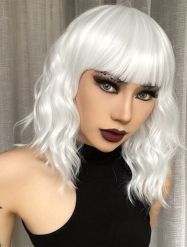  ホットピンクかつら前髪付きショートボブ波状カーリーウィッグ肩の長さのホットピンクかつら女性用人工毛カラフルなかつらハロウィンコスチュームコスプレ用 14 インチ