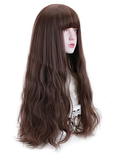  باروكة صناعية طويلة بيضاء اللون مع غرة - باروكة تنكرية طبيعية طويلة ومموجة للنساء في كرنفال الكريسماس 30