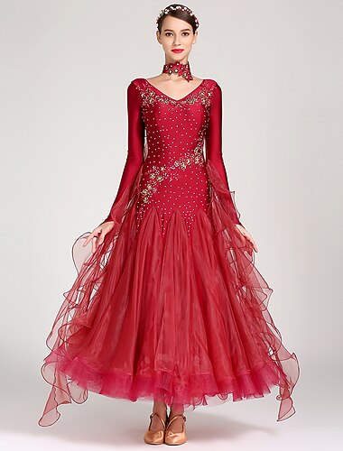  ballroom dans Kjole Bjergkrystal Broderi Dame Ydeevne Træning Langærmet Spandex Organza