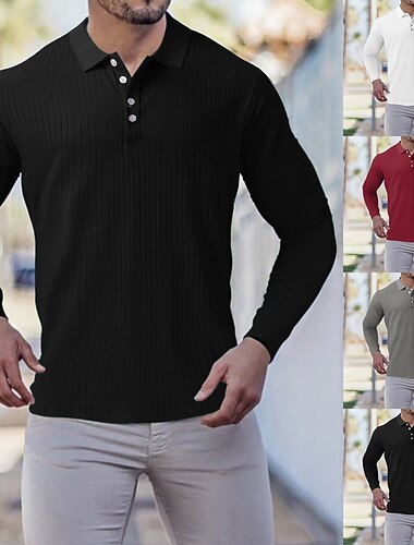 Herren Muskelshirt Golfshirt Lässig Ausgehen Polokragen Klassisch Langarm Sportbekleidung Lässig Einfarbig Gestreift Patchwork Knopf vorne Herbst Winter Schmale Passform Schwarz Weiß Wein Rote   Herren Muskelshirt Golfshirt Lässig Ausgehen Polokragen Klassisch Langarm Sportbekleidung Lässig Einfarbig Gestreift Patchwork Knopf vorne Herbst Winter Schmale Passform Schwarz Weiß Wein Rote