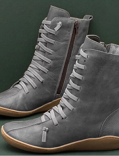  Bottes plates décontractées à lacets pour femmes avec fermeture éclair latérale – chaussures mi-mollet en similicuir souple pour la marche, les voyages et les tenues d'automne