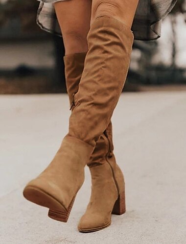  bottes hautes en daim marron clair pour femmes avec bout pointu et talon bloc - chaussures d'automne et d'hiver élégantes et confortables