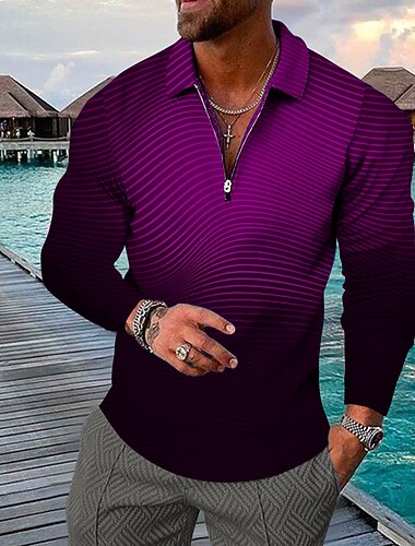  Voor heren Gestreept Hawaiiaanse poloshirts Golfshirt Lange mouw Poloshirt Overhemden met kraag Casual Strand Kleding Vakantiekleding Feestoutfits 3D-afdrukken Polo met kwartrits Zwart Geel blauw