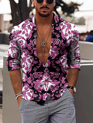  Herren Blumen Hemd Knopfhemd Langarm Mode Designer Lässig Täglich Outdoor Ferien Herbst Winter Kragen Druck Button-Down Schwarz Rosa Rote Grün