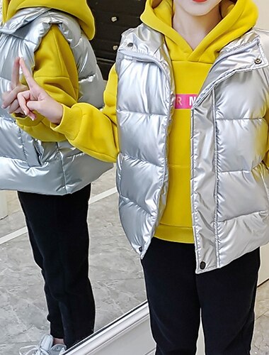  Kinder Mädchen Daunenjacke Weste Daunenjacke Langarm Schwarz Silber Champagner Kinderdaunenjacke Einfarbig Herbst Winter Mode Schule 7-13 Jahre