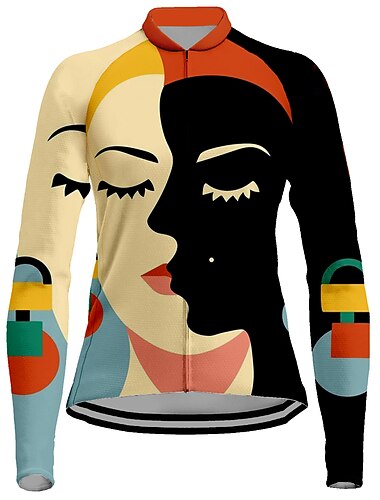  Dames Wielrenshirt Grafisch Grappig Lange mouw Fietsen Shirt Kleding Bovenlichaam met 3 achterzakken Bergracen Wegwielrennen Sneldrogend Reflecterende strips Achterzak Vochtregelerend Sport Zwart Wit