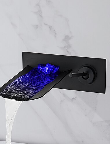  LED-Waschbeckenmischer-Wasserhahn, Wasserfallauslauf, 3-Farben-Wassertemperatur, Waschbeckenarmaturen aus Messing zur Wandmontage, Einhand-Zweiloch-Badewannenarmaturen mit kaltem und heißem Schlauch