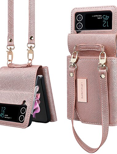  telefon Carcasă Pro Samsung Galaxy Z Flip 6 Z Flip 5 Z Flip 4 Z Flip 3 Pouzdro na peněženku Ochranný rámeček Ochrana celého těla s poutkem na zápěstí Jednobarevné PU kůže