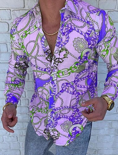  Voor heren Overhemd Overhemd met knopen Lange mouw Ontwerper Punk & Gothic Uitgaan Lente zomer Opstaande boord Lapwerk Afdrukken blauw Geel Rood Paars