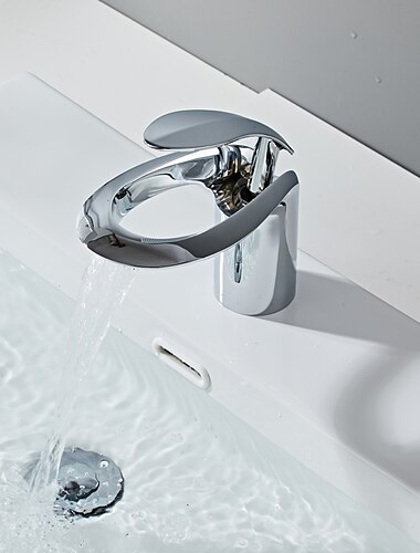  Waschbecken-Mischbatterie, Messing mattschwarzer Wasserfall weit verbreiteter Einhand-Einloch-Waschtischarmatur mit Heiß- und Kaltschalter Chromweiß