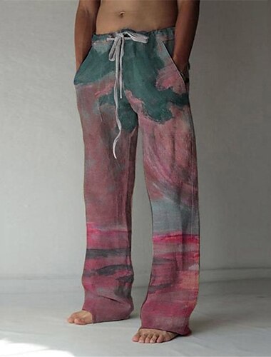  Herre Bukser Sommerbukser Poset Strandbukser Elastisk trækdesign Frontlomme Lige ben Grafiske tryk Landskab Komfort Blød Afslappet Daglig Til ferie Linned som stof Mode Gade Lyserød Blå