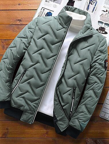  Men's Puffer Jacket Bomber Jacket Quilted Jacket Full Zip Casual Daily Wear Regular Casual Daily Trendy Windproof Warm Fall Winter Stripes and Plaid Black Light Green Gray Puffer Jacket