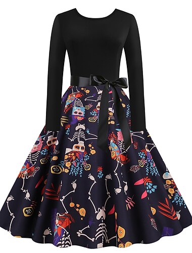  Damen 1950er Flare Kleid Swing Kleid Zuckerschädel Kürbis Erwachsene Cocktailkleid Retro Vintage Langarm