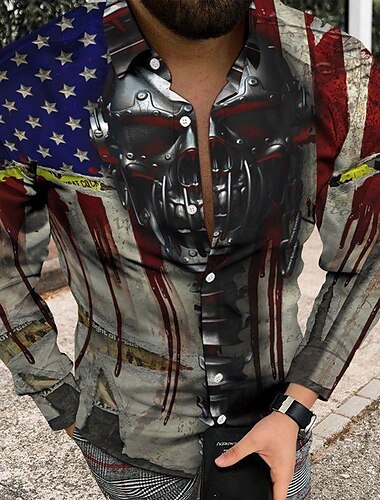  Amerikanischer Unabhängigkeitstag Herren Totenkopf Motiv Amerikanische Flagge Nationalflagge Hemd Knopfhemd Langarm Modisch Designer Brautkleider schlicht Outdoor Casual Täglich Herbst Winter