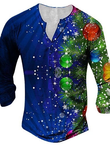  vánoční tričko pánské tričko tričko henley tričko tričko grafický barevný blok henley žlutá červená modrá fialová zelená 3d tisk venkovní vánoční dlouhý rukáv potisk na knoflíky oblečení oděv návrhář