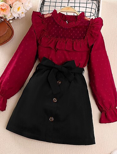  2-delig Kinderen Voor meisjes Effen Kleur Rok & Shirt reeks Lange mouw Actief Buiten 7-13 jaar Winter Rood