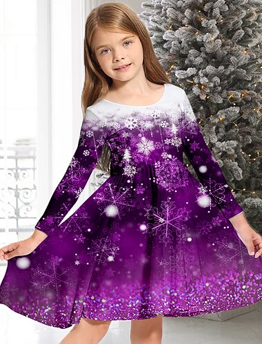  Barn Jente Julekjole Kjole Snowflake kjole Snøfnugg Langermet Avslappet Crewneck Bedårende Daglig Polyester Ovenfor knéet Uformell kjole Swingkjole Kjole med A-linje Høst Vinter 3-10 år Vin Blå Lilla