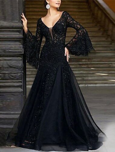  A-Linien Abendkleid Schwarz Elegantes Kleid Formale Hochzeitsgast Bodenlang Lange Ärmel V-Ausschnitt Spitze mit Applikationen 2025
