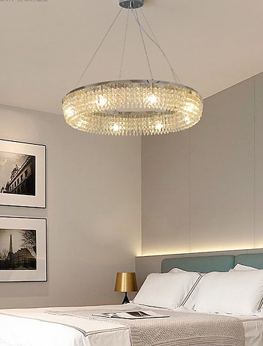  LED-Pendelleuchten, 6-Licht-Ring-Hängelampen, moderner 19,5-Zoll-Kristall-Metall-Kronleuchter in Chrom, 110-240-V-Deckenleuchte, Pendelleuchte für Wohnzimmer, Schlafzimmer, Restaurant, Hotel
