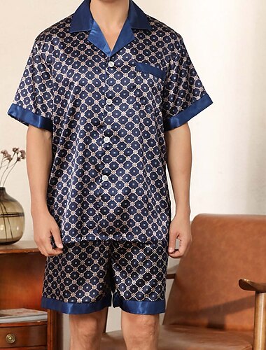  Hombre Pijama Conjunto pijama Pijama de Seda Top de pijama y pantalones cortos 1 juego A lunares Sencillo Confort Hogar Diario Seda sintética Transpirable Diseño Manga Corta Bermudas Bolsillo Otoño