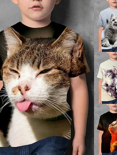  kinderkleidung Jungen T-Shirt Tee Tier Katze Kurzarm Rundhalsausschnitt Kinder oben Casual 3D-Druck bezaubernd Täglich Sommer Schwarz 3-12 Jahre