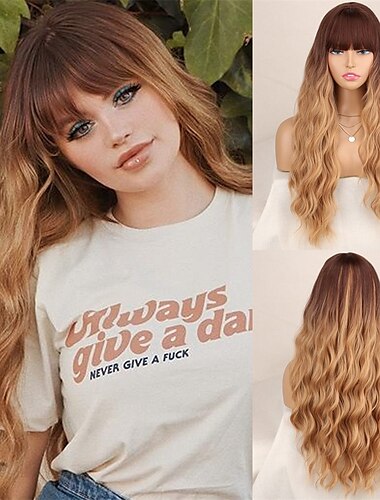  Long Orange Wig with Bangs Wavy Curly Ginger Bangs Wig Synthetic Women Orange Long Wig Natural Looking for Daily and Halloween Party