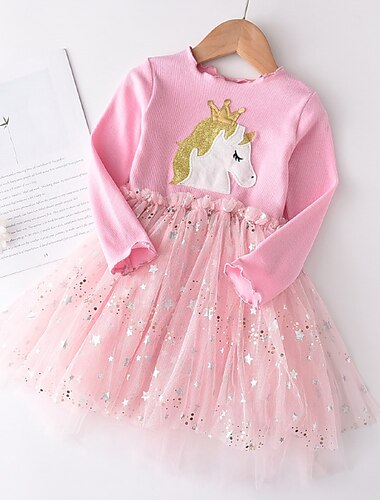  Kinder Wenig Mädchen Kleid Pferd Karikatur Stern Tier Tüll-Kleid Casual Pailletten Patchwork Purpur Rosa Baumwolle Knielang Langarm Aktiv Basic Kleider Regular Fit 2-8 Jahre
