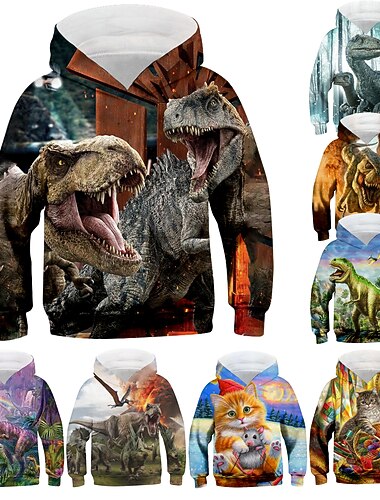  Chlapecké 3D Zvíře Dinosaurus Kapuce Dlouhý rukáv 3D tisk Podzim Zima Módní Chladný Děti 3-13 let Venkovní Denní Běžný