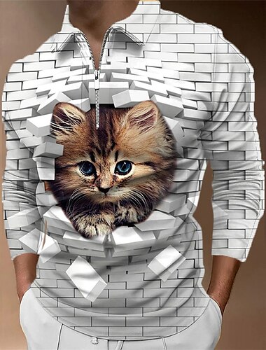  Herren Katze Poloshirts mit Reißverschluss Golfshirt Langarm Polo-Shirts Hemden mit Kragen Lässig Lustig Streetwear Urlaubskleidung Party-Outfits 3D-Druck Viertelreißverschluss-Poloshirt Weiß&Blau