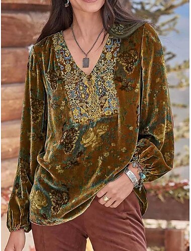  Damenhemd Boho-Hemd Bluse Samt Basic Blumendruck Langarm Normale Oberteile V-Ausschnitt Party Neujahr Gelb Rot Lila Grau Frühling Herbst