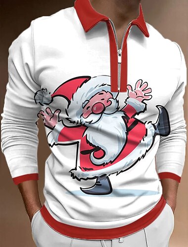  jul herre julenissen 3d glidelås polo jul golf bokstav julenissen grafiske trykk turndown hvit+rød svart blå marine blå blå/hvit 3d print street langermet glidelås print