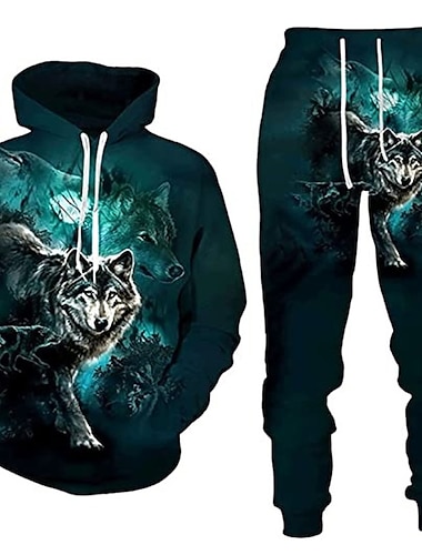  Herren Trainingsanzug Hoodies Set Blau Mit Kapuze Graphic Tier Wolf 2 Teile Bedruckt Sport & Natur Casual Sport 3D-Druck Basic Strassenmode Designer Herbst Frühling Bekleidung Kapuzenpullover