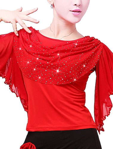  latin dans sällskapsdans gnistrande topp volanger ren färg kvinnors prestationsträning kortärmad polyester
