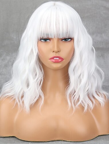  Short Platinum Blonde Wigs for Women White Blonde Wavy Wig with Bangs Synthetic Medium Length Platinum Wavy Bob Wig for Daily Use
