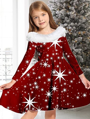  Gyerekek Lány Ruha Zvijezda Gradiens Hosszú ujj Hétköznapi Fur Trim Crewneck Elegáns Imádni való Poliészter Térd feletti hétköznapi ruha Swing ruha A vonalú ruha Ősz Tél 3-10 év Fekete Bor Rubin