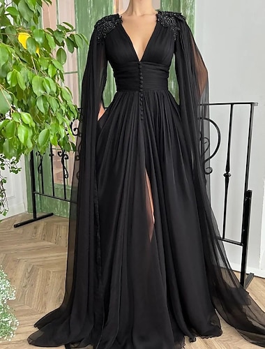  A-Line Evening Gown Black Dress Formal Masquerade Court Train Long Sleeve V Neck Wednesday Addams Family Chiffon with Buttons Slit Appliques 2024