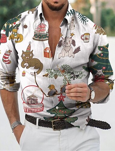  クリスマス メンズ クリスマス シーン プリント シャツ シャツ 猫 雪だるま グラフィック プリント ペンギン ターンダウン グリーン グレー ホワイト 3D プリント ストリート 長袖 ボタンダウン プリント 衣類 アパレル ファッション デザイナー