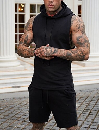  Voor heren T-shirt past Trainingspak Tennisshirt Set korte broeken en T-shirts Mouwloos Korte mouw Capuchon Zomer Effen Sport Ontwerper Sportkleding Trekkoord 2-stuks Buiten Straat Dagelijks Zwart