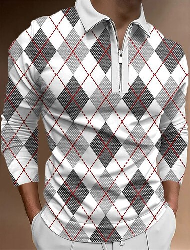  男性用 チェック ジップポロシャツ ゴルフシャツ 長袖 ポロシャツ 襟付きシャツ ビジネスカジュアル 作業服 フォーマルウェア フェスティバルウェア 3Dプリント クォータージップポロ ブラック