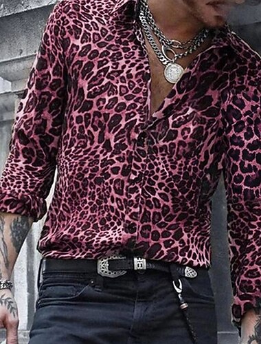  Voor heren Luipaard Overhemd Overhemd met knopen Lange mouw Ontwerper Ademend Comfortabel Dagelijks Weekend Lente & Herfst Strijkijzer Button-omlaag blauw Licht Roze Bruin Groen Grijs
