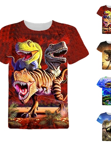  Infantil Para Meninos Camisa T Animal Dinossauro Manga Curta Crewneck Top infantil Casual Impressão 3D Legal Diário Verão Vinho 3-12 anos