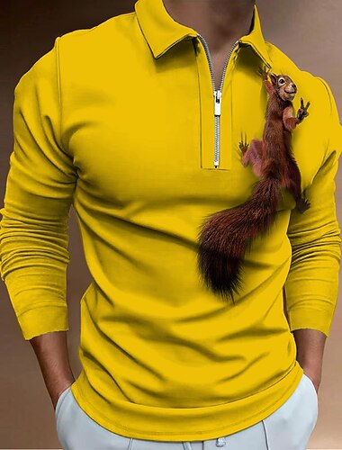  Miesten Orava Vetoketjulliset poolopaidat Golfpaita Pitkähihainen Poolopaidat Kauluspaidat Vapaa-aika Hauska Katuvaatteet Lomavaatteet Juhla-asut 3D-tulostus Quarter Zip Polo Valkoinen Keltainen