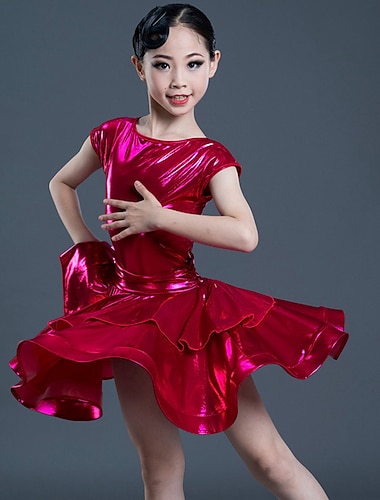  Латино Детская одежда для танцев Платье Чистый цвет Планка Девочки Выступление Учебный С короткими рукавами Завышенная талия Полиэстер