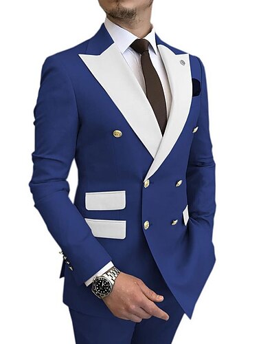  Trajes de Boda para Hombre Trajes de Regreso a Casa Color Sólido Champán Azul Ajuste Estándar 2 Piezas Doble Botón Seis botones