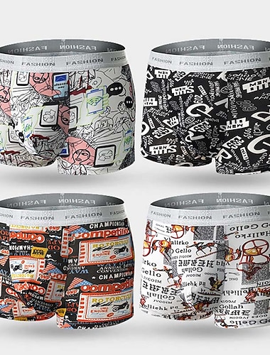  Herren 4 Packung Unterwäsche Kurze Boxershorts Unterwäsche Unterwäsche Boxer Bedruckt Nylon Antibakteriell Buchstabe Grafik-Drucke Mittlere Taillenlinie Cartoon+Schwarz Weiß+Motorrad+Blau Gelb