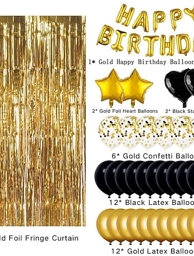  Costume de lettre de joyeux anniversaire en or noir de 16 pouces, costume d'ambiance de fête d'anniversaire avec ballon en or noir